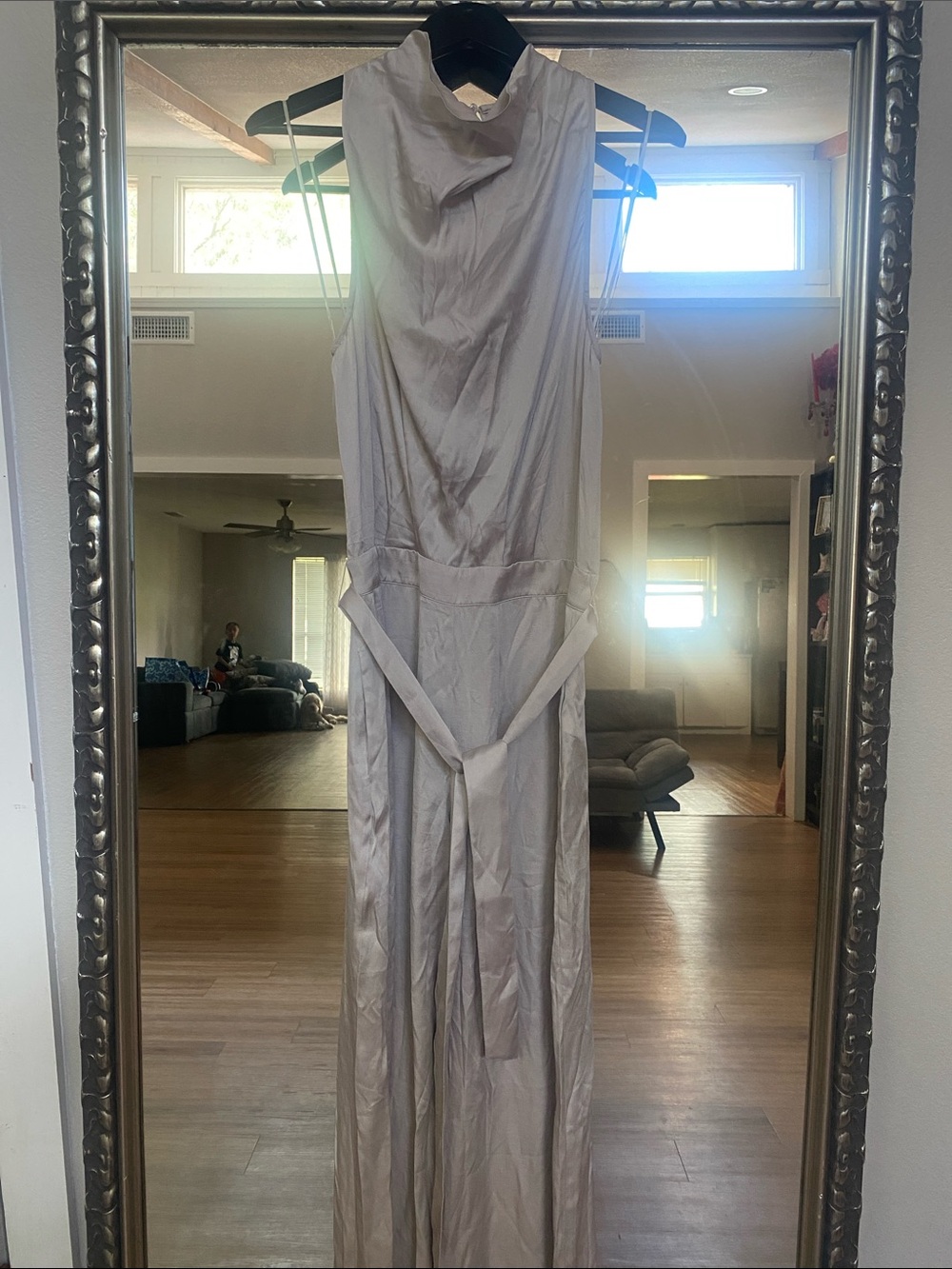 Reiss Silver-Grey Satin Jumpsuit with Waist Tie